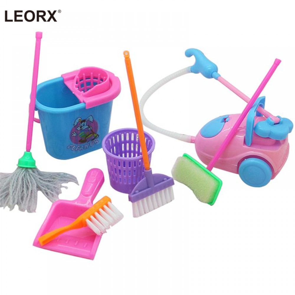 9Pcs Mini Pretend Play Mop Broom Toys Cute Kids Cleaning Furniture Tools Kit Lovely Doll House Clean Toys (Random Color)