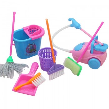 9Pcs Mini Pretend Play Mop Broom Toys Cute Kids Cleaning Furniture Tools Kit Lovely Doll House Clean Toys (Random Color)