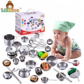 LittLove 25Pcs Stainless Steel Kids House Kitchen Toys Cooking Cookware Children Pretend Play Kitchen Playset - Silver Figures