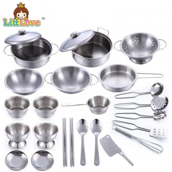 LittLove 25Pcs Stainless Steel Kids House Kitchen Toys Cooking Cookware Children Pretend Play Kitchen Playset - Silver Figures