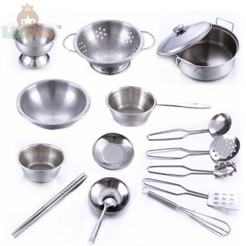 LittLove 25Pcs Stainless Steel Kids House Kitchen Toys Cooking Cookware Children Pretend Play Kitchen Playset - Silver Figures