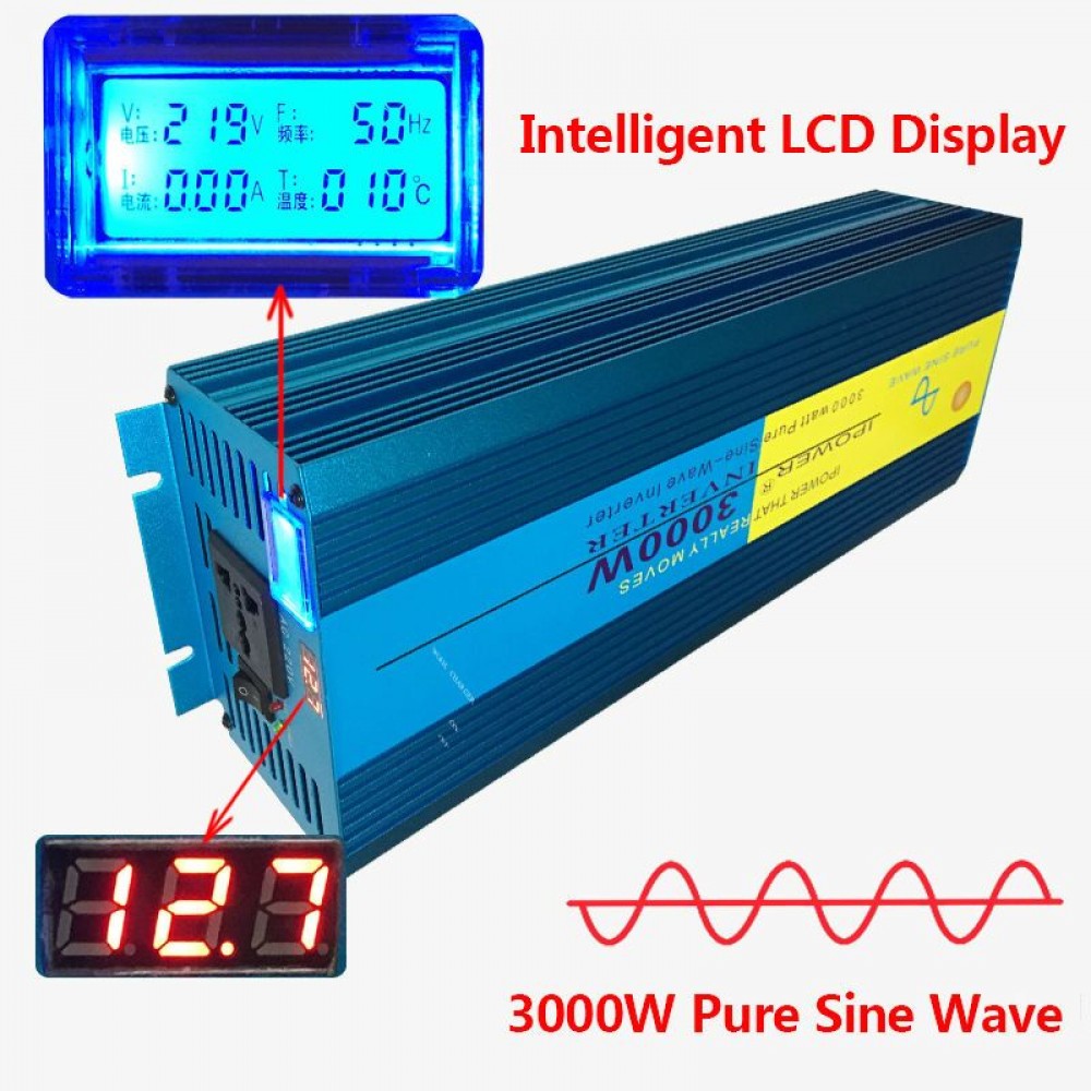 Digital Display 3000W 6000W Peak Pure Sine Wave Power Inverter DC 12V to AC 220V 230V 240V Converter Supply Solar Power