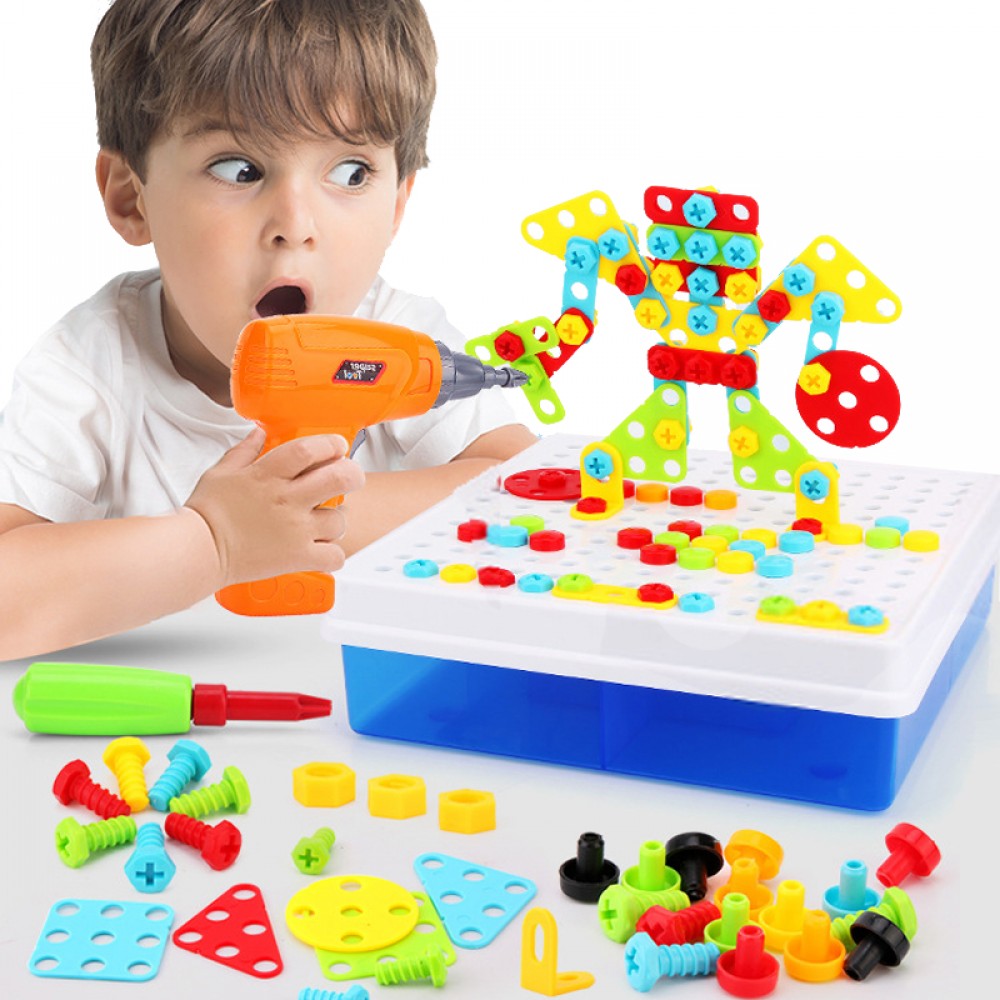 Kids Drill Screw Nut Puzzle Toys Creative Educational Toys Plastic Assembled Mosaic Design Tools Kit Toys Drill Boys Toys