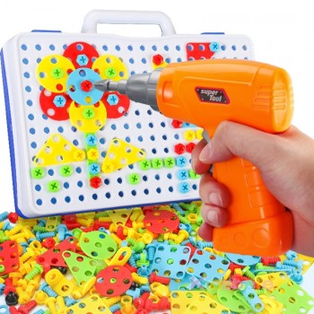 Kids Drill Screw Nut Puzzle Toys Creative Educational Toys Plastic Assembled Mosaic Design Tools Kit Toys Drill Boys Toys