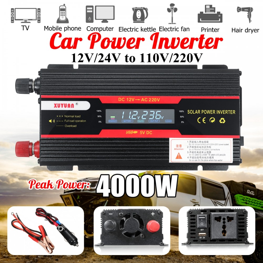 Car Inverter 12V 220V 4000W P eak Power Inverter Voltage Convertor Transformer 12V/24V To 110V/220V Inversor + LCD Display