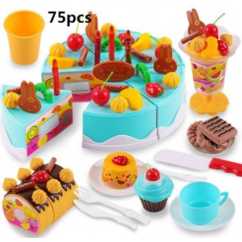 75Pc DIY Pretend Play Fruit Cutting Birthday Cake Kitchen Toys Set Food Juguete Toy Pink Blue Gift for Girls Kids Children