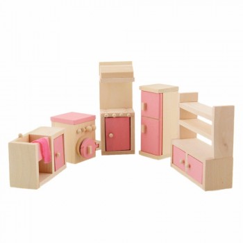 Dollhouse Furniture Double Bed with Pillows and Blanket Wooden Doll Bathroom Furniture Dollhouse Miniature Kids Child Play Toy