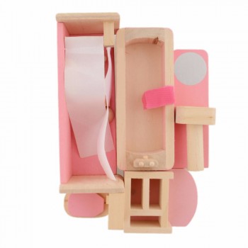 Dollhouse Furniture Double Bed with Pillows and Blanket Wooden Doll Bathroom Furniture Dollhouse Miniature Kids Child Play Toy