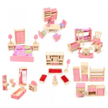 JIMITU Wooden Delicate Dollhouse Furniture Toys Set Miniature For Children Pretend Play 6 Rooms Set 6 Dressed Pretend Dolls Toys