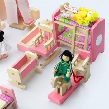 JIMITU Wooden Delicate Dollhouse Furniture Toys Set Miniature For Children Pretend Play 6 Rooms Set 6 Dressed Pretend Dolls Toys