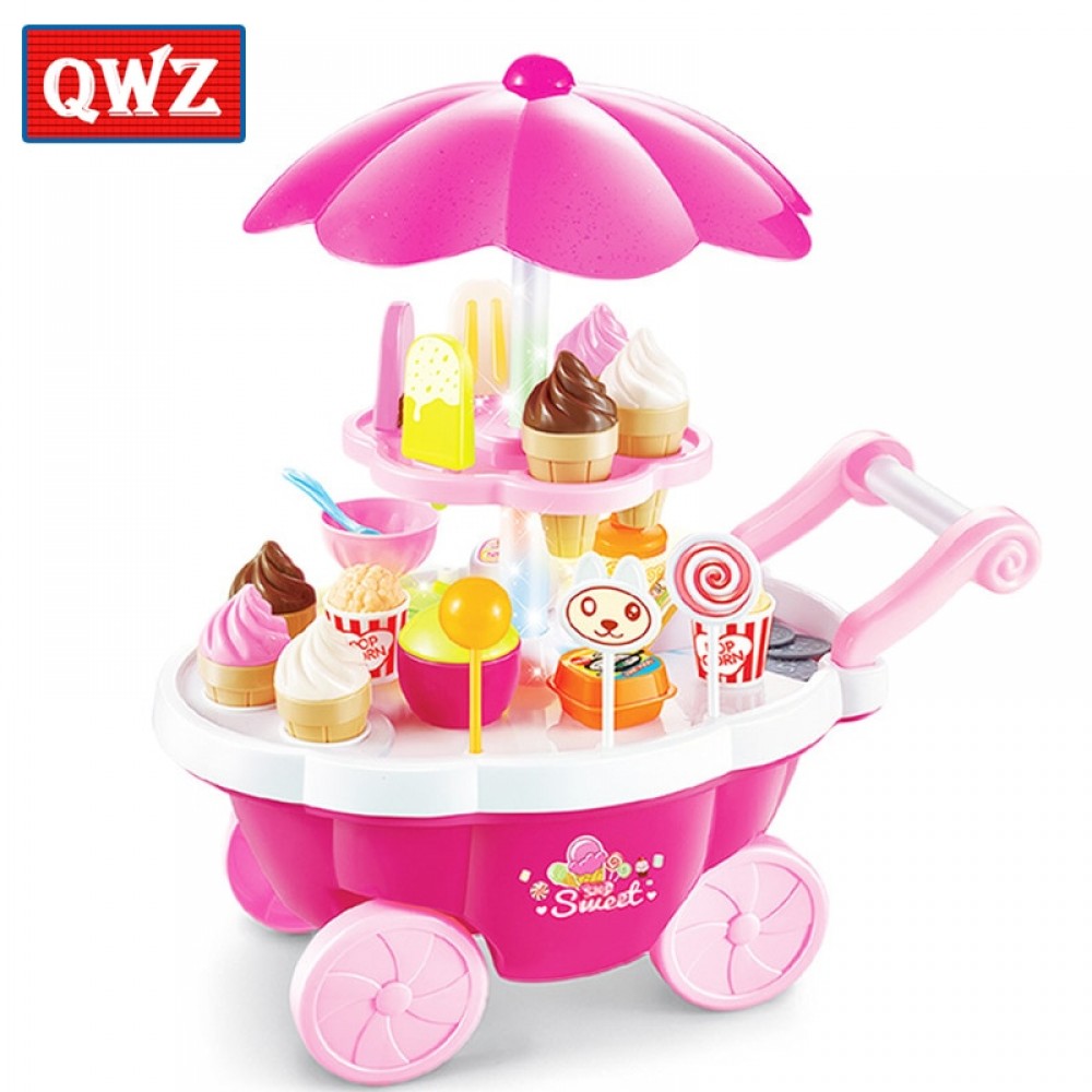 QWZ 39pcs Kids Simulation Candy Ice Cream Trolley Mini Pusher Car Toy Candy Ice Cream Supermarket Music Kids Pretend Play Toys