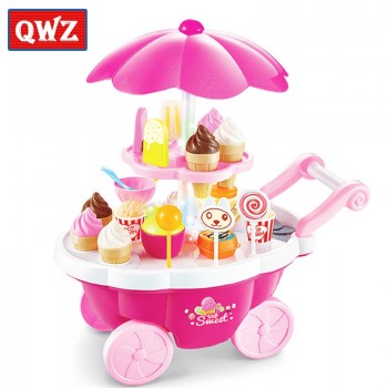 QWZ 39pcs Kids Simulation Candy Ice Cream Trolley Mini Pusher Car Toy Candy Ice Cream Supermarket Music Kids Pretend Play Toys