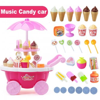 QWZ 39pcs Kids Simulation Candy Ice Cream Trolley Mini Pusher Car Toy Candy Ice Cream Supermarket Music Kids Pretend Play Toys