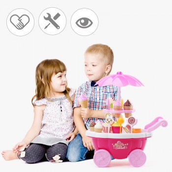 QWZ 39pcs Kids Simulation Candy Ice Cream Trolley Mini Pusher Car Toy Candy Ice Cream Supermarket Music Kids Pretend Play Toys