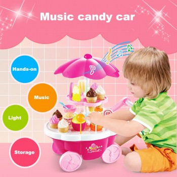 QWZ 39pcs Kids Simulation Candy Ice Cream Trolley Mini Pusher Car Toy Candy Ice Cream Supermarket Music Kids Pretend Play Toys