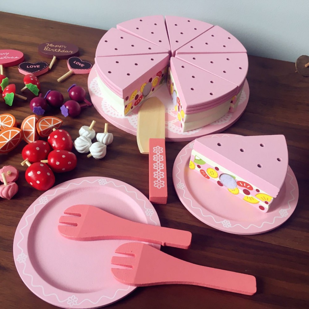 40PCS Wooden Kitchen Cooking Toys for Children Kitchen Food Toys Strawberry Birthday Cake Cut Fruit Toys Christmas Gifts GW77