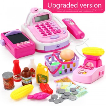 Kids Supermarket Cash Register Electronic Toys with Foods Basket Money Children Learning Education Pretend Play Set