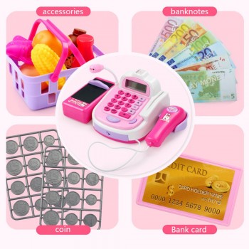 Kids Supermarket Cash Register Electronic Toys with Foods Basket Money Children Learning Education Pretend Play Set