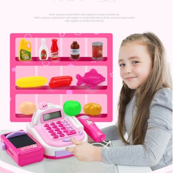 Kids Supermarket Cash Register Electronic Toys with Foods Basket Money Children Learning Education Pretend Play Set