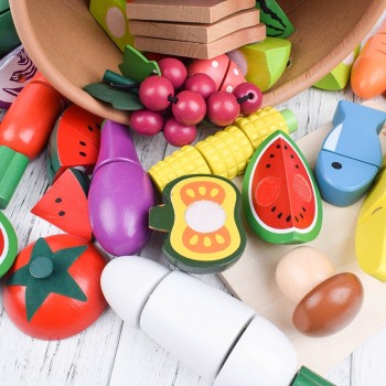[Toy Woo] New Wooden Kitchen Food Fruit Vegetable Cutting Kids Pretend Play Educational Toy Safety Children Kitchen Toys