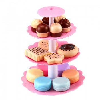 BEI JESS 23PCS Girl Pink Cake Tower Mini Cookie Food Set Plastic Kitchen Toys Kids Pretend Play Birthday Gift
