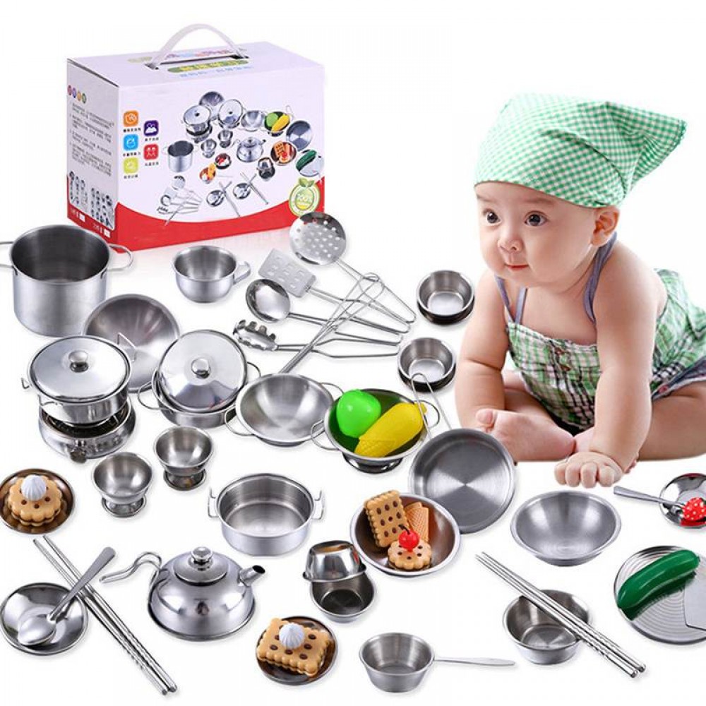 1Set 25pc Kids House Kitchen Toys Stainless Steel Cooking Cookware Pots Pan Children Pretend Play Kitchen Playset Silver Figures