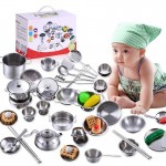 1Set 25pc Kids House Kitchen Toys Stainless Steel Cooking Cookware Pots Pan Children Pretend Play Kitchen Playset Silver Figures