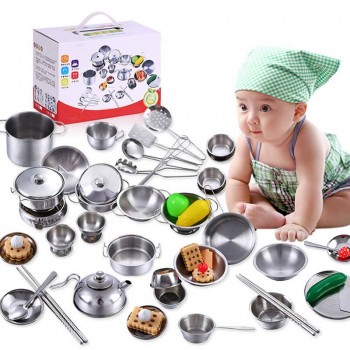1Set 25pc Kids House Kitchen Toys Stainless Steel Cooking Cookware Pots Pan Children Pretend Play Kitchen Playset Silver Figures