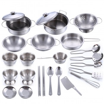 1Set 25pc Kids House Kitchen Toys Stainless Steel Cooking Cookware Pots Pan Children Pretend Play Kitchen Playset Silver Figures