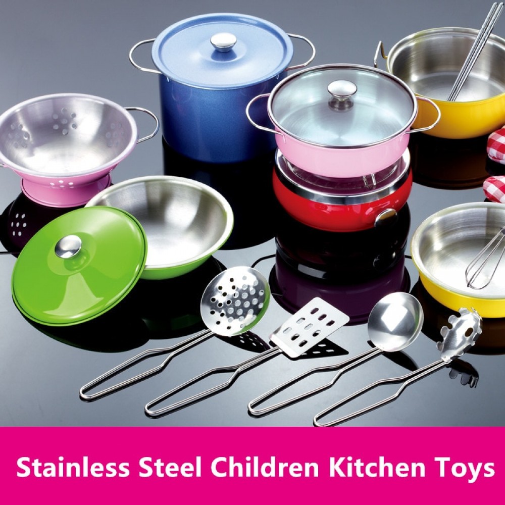 Stainless Steel Kids House Kitchen Toy Cooking Cookware Children Pretend Play Kitchen Playset - Silver Gifts Toys For Children