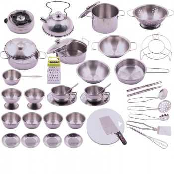 Stainless Steel Kids House Kitchen Toy Cooking Cookware Children Pretend Play Kitchen Playset - Silver Gifts Toys For Children