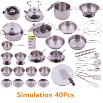 Stainless Steel Kids House Kitchen Toy Cooking Cookware Children Pretend Play Kitchen Playset - Silver Gifts Toys For Children