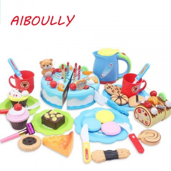 37 - 80 unids DIY Imagination Games Fruit Cutter Birthday Cake Kitchen Kitchen Food Toys Toy Blue Rose Girls Gift for Children