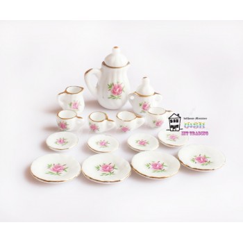 1/12 Miniature 15PCS Tea Cup Set Pink Rose and Golden Trim Porcelain Tableware Kit Dollhouse Kitchen Accessories
