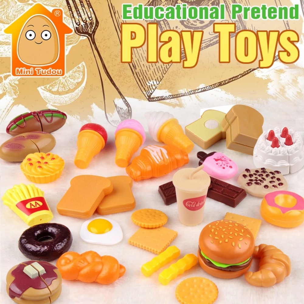 Kids Plastic Food Toy Pretend Play Kitchen Set Miniature Drink Bottles Cake Hamburgers Ice Cream Children Educational Girls Toys