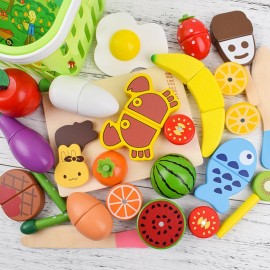 22pcs Children Wooden Kitchen Toy Cutted Vegetable Fruit Toy with Magnet for Cooking Early Learning Educational Toy Gift