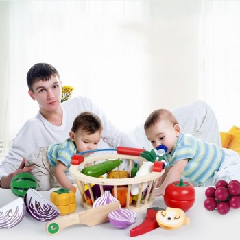 12Pcs Magnetic Wooden Fruit and Vegetable Combination Cutting Toy Set Children Play amp; Pretend Simulation Round Basket Fruit Kits