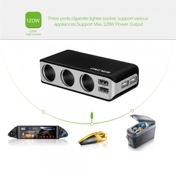 Onever 4 USB Port 3 Way Car Cigarette Lighter Socket Splitter Charger 120W Power 6.8A USB Car Charger Support Display Volmeter