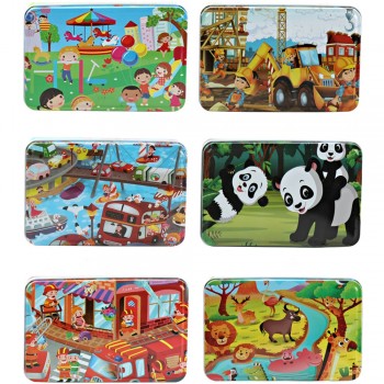 New 60 Pieces Wooden Puzzle Educational Toys for Children Cartoon Animal Wood Puzzles Kids Baby Christmas Gift with Iron Box