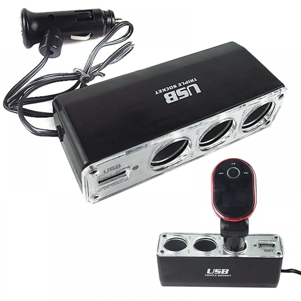3 Way Multi Socket Auto Car Cigarette Lighter Splitter USB Plug Adapter Charger DC 12V/24V output Triple Adapter With USB Port