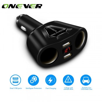 Onever 5V 3.1A Dual USB Car Charger with 2 Cigarette Lighter Sockets 120W Power Support Display Current Volmeter for iPhone