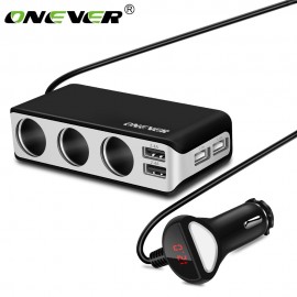 Onever 4 USB Port 3 Way Car Cigarette Lighter Socket Splitter 120W Output Power Adapter 12~24V Charger Fast Charging Voltmeter