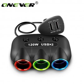 Onever 120W 3 Way Car Cigarette Lighter Socket Splitter 5V 2.1A Dual USB Car Charger 12V-24V Power Adapter Converter with Switch