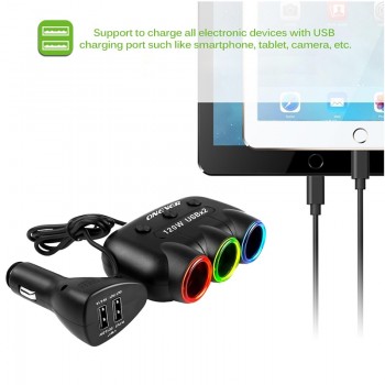 Onever 120W 3 Way Car Cigarette Lighter Socket Splitter 5V 2.1A Dual USB Car Charger 12V-24V Power Adapter Converter with Switch