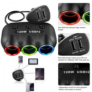 Onever 120W 3 Way Car Cigarette Lighter Socket Splitter 5V 2.1A Dual USB Car Charger 12V-24V Power Adapter Converter with Switch
