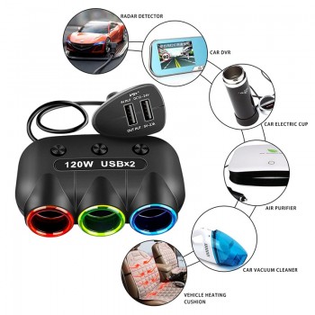 Onever 120W 3 Way Car Cigarette Lighter Socket Splitter 5V 2.1A Dual USB Car Charger 12V-24V Power Adapter Converter with Switch