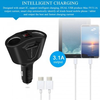 Onever 3.1A Dual USB Car Charger with 2 Cigarette Lighter Sockets 120W Power Support Display Current Volmeter for Phone GPS DVR