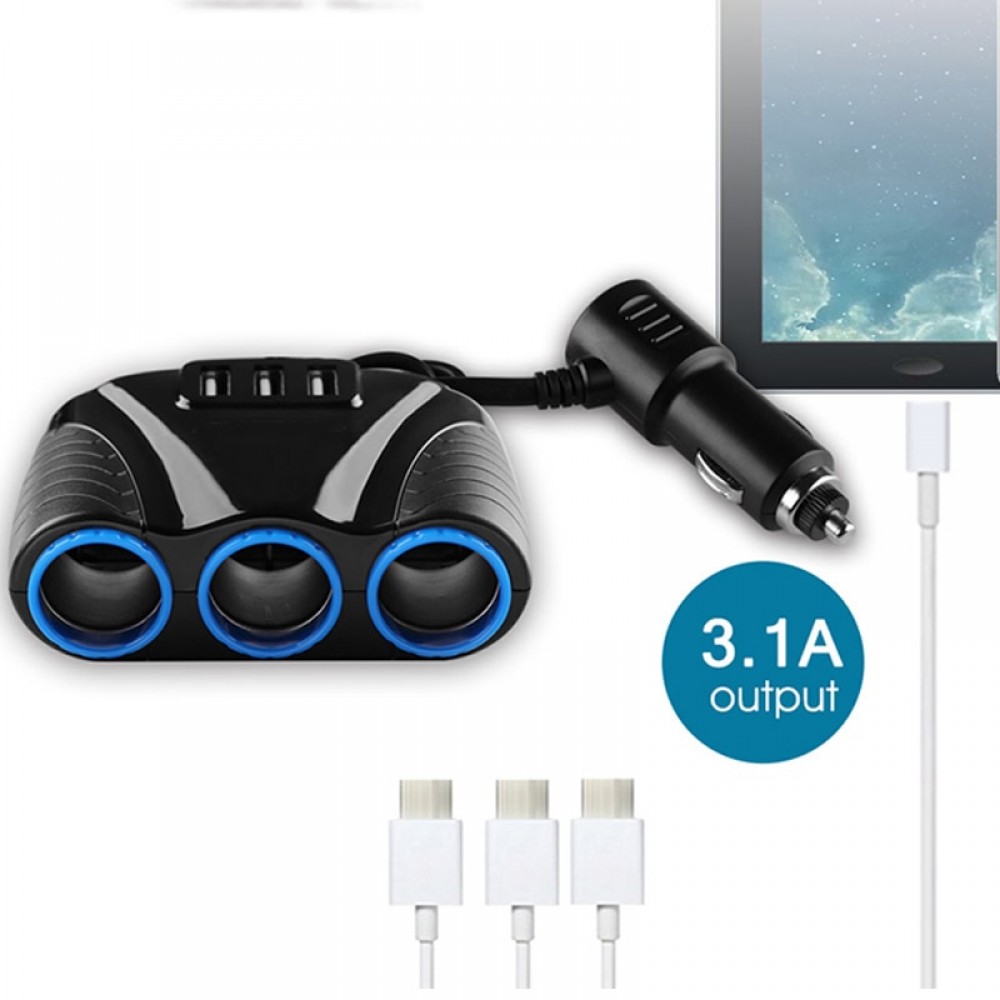 12V/24V 120W 3 Way Auto Sockets Car Cigarette Lighter Adapter LSplitter Lighter 5V 3.1A Output Power 3 USB Car Charger