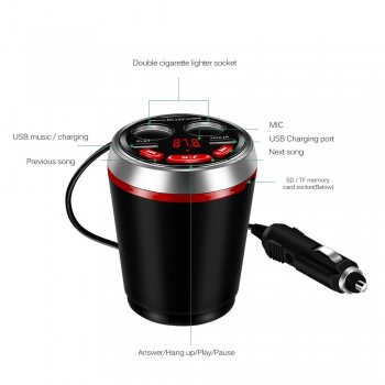 Car Cup Holder Kit Bluetooth FM Transmitter Cigarette Lighter Socket USB Charger Adapter Support U Disk Reading Hands-free