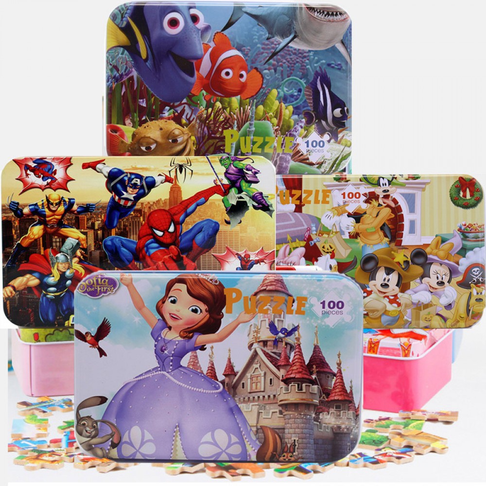 100pcs/set Wooden Puzzle Cartoon Toy 3D Wood Puzzle Iron Box Package Jigsaw Puzzle for Child Early Educational Montessori Toys